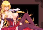  bare_shoulders black_legwear blonde_hair blood blush breasts center_opening cleavage dress elbow_gloves fang finger_to_mouth garter_straps gloves kiss-shot_acerola-orion_heart-under-blade large_breasts legs long_hair monogatari_(series) naughty_face nipples nisemonogatari pointy_ears sitting solo thighhighs thighs tongue tongue_out vampire white_gloves yellow_eyes zucchini 