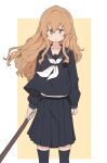  1girl absurdres aisaka_taiga alternate_costume black_footwear black_serafuku black_shirt black_skirt black_socks bokken brown_eyes brown_hair highres holding holding_weapon kneehighs long_hair long_sleeves midriff neckerchief official_alternate_costume pleated_skirt s10021 school_uniform serafuku shirt skirt socks solo sword toradora! weapon white_neckerchief wooden_sword 