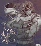  blood blood_on_face blue_eyes electricity fighting_stance fingerless_gloves gloves groin hahihu1782 headband jojo_no_kimyou_na_bouken joseph_joestar_(young) male_focus midriff monochrome non-web_source scarf solo spot_color wince 