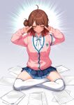 1girl absurdres ahoge blue_overskirt blue_ribbon blue_skirt blush breasts brown_hair cardigan closed_eyes commentary fingers_to_head gakuen_idolmaster gradient_hair hanami_ume hatsuboshi_gakuen_school_uniform highres idolmaster indian_style korean_commentary losvje1024 meditation medium_breasts multicolored_hair neck_ribbon orange_hair paper pink_cardigan pleated_skirt ribbon school_uniform shirt sitting skirt solo thighhighs white_shirt white_thighhighs you're_doing_it_wrong 