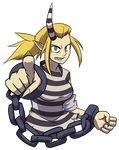  breasts chain cuffs giantess green_eyes horn idc_zazie large_breasts long_hair pointing pointing_at_viewer pointy_ears ponytail prison_clothes scythana shackles sharp_teeth shirt skullgirls solo striped striped_shirt teeth transparent_background upper_body 
