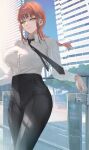  1girl alternate_breast_size black_necktie black_pants braid braided_ponytail breasts chainsaw_man collared_shirt formal high-waist_pants highres large_breasts long_hair long_sleeves looking_at_viewer maeshima_shigeki makima_(chainsaw_man) medium_hair necktie office_lady pants red_hair ringed_eyes shirt shirt_tucked_in sidelocks smile solo white_shirt yellow_eyes 