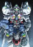  absurdres carrying commentary damaged glowing green_eyes gundam gundam_aerial_rebuild gundam_calibarn gundam_suisei_no_majo highres light_particles looking_at_viewer mecha mobile_suit no_humans robot science_fiction tyuuboutyauyo upper_body v-fin 