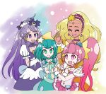  4girls bead_necklace beads blonde_hair character_request choker dark_skin earrings eyes_closed gloves highres hikaji jewelry magical_girl multiple_girls necklace planet_hair_ornament precure sleeveless star_twinkle_precure 