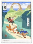  bunny fine_art_parody fox geta hedgehog jed_henry jewelry katana looping_(ride) multiple_tails necklace nihonga no_humans parody running samurai smoke sonic sonic_the_hedgehog sword tail tails_(sonic) ukiyo-e weapon 