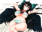  arms_behind_head bad_id bad_pixiv_id black_hair blush breasts dangan_neko hair_ribbon highres large_breasts long_hair plump radiation_symbol red_eyes reiuji_utsuho ribbon solo striped striped_swimsuit swimsuit third_eye touhou underboob very_long_hair wings 