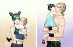  2girls age_progression baby black_hair blonde_hair braid cheek_kiss child dio_brando double_bun green_hair jojo_no_kimyou_na_bouken kiss kuujou_jolyne miruru_souya multiple_boys multiple_girls role_reversal time_paradox younger 