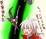  2girls alpha-01 arin66 belt black_legwear blazblue coat fedora fingerless_gloves genderswap genderswap_(mtf) gloves green_eyes green_hair hat hazama heterochromia high_kick kicking long_coat long_hair lost_saga multiple_girls necktie open_mouth ragna_the_bloodedge red_eyes short_hair silver_hair skirt surprised sweatdrop thighhighs translated very_long_hair 