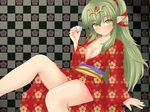  blush breasts chiki cleavage cup fire_emblem fire_emblem:_kakusei floral_print green_eyes green_hair hair_ornament hair_ribbon japanese_clothes kimono large_breasts long_hair mamkute midorino_ryuusei no_bra pointy_ears ponytail ribbon smile solo 