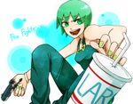  bad_id bad_pixiv_id drink foo_fighters green_eyes green_hair gun jojo_no_kimyou_na_bouken nabuta375 nail_polish overalls short_hair soda solo weapon 