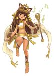  animal_ears ankle_lace-up armlet barefoot bastet_(p&amp;d) bracer brown_eyes brown_hair cat_ears cross-laced_footwear crown dark_skin egyptian fang full_body instrument jewelry long_hair md5_mismatch midriff open_mouth puzzle_&amp;_dragons simple_background sistrum smile solo tiara yoshimo_(yoshimo1516) 