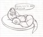  anthro arbok bed big_breasts breasts down dragon-heart english_text female grin looking_at_viewer lying nintendo nipples non-mammal_breasts pok&#233;mon pok&eacute;mon pussy reptile scalie seduction smile snake solo text video_games 