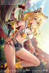  1girl aminww_amingming animal_ear_fluff animal_ears bare_legs bare_shoulders blonde_hair braid breasts cleavage crop_top dark_skin genshin_impact green_eyes hand_on_own_hip highres jaguar_ears jewelry large_breasts long_hair looking_at_viewer midriff off_shoulder ring roller_skates skates solo stomach thighs xilonen_(genshin_impact) 