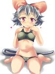  animal_ears bad_id bad_pixiv_id blush cameltoe finger_to_mouth green_panties grey_hair heart konata_gazel looking_at_viewer mouse_ears mouse_tail navel nazrin panties red_eyes short_hair sitting solo sports_bra stomach tail touhou underwear underwear_only wariza 