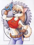  absurd_res anthro blonde_hair canine drill female hair hi_res mammal michele_light pinup pose solo tools wolf 