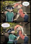 anthro black_hair blinds blue_body blue_fur bottomwear climbing_stairs clothing comic computer denim denim_bottomwear denim_clothing desk dialogue digitigrade electronics english_text female fur furniture hair hi_res hoodie jeans lagomorph leporid male mammal oliver_(striped_sins) pants pink_hair procyonid purple_eyes rabbit raccoon rolled_up_sleeves ryder_(striped_sins) shirt striped_sins t-shirt table text topwear url white_body white_fur willitfit window