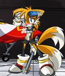  anthro blue_eyes blush breasts c3 canine clothing crossgender eyewear female fox fox_tail gloves goggles inside jet mammal mature miles_prower multiple_tails panties panting sega shirt shoes shorts sonic_(series) sweat tails_miles_prower underwear white_crest wrench wrings x_tornado 