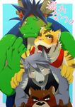  anthro bear biceps big_muscles black_eyes black_nose blue_eyes blush brown_eyes brown_fur canine chinese_dragon clothing dog dog_tags dragon fangs feline fur gay gragon green_dragon green_scales grey_body grey_fur grizzly_bear hair horn husky japanese_text juuichi juuichi_mikazuki kouya kouya_aotsuki looking_at_viewer looking_up male mammal morenatsu muscles one_eye_closed open_mouth plain_background pose scalie shirt sweat tank_top tatsuki text tiger tongue tongue_out torahiko torahiko_ooshima train_position unknown_artist wink wolf words yellow_eyes 