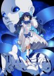  1girl barefoot black_hair blue_eyes blue_hair bow chicke_iii doll_joints dress full_body hair_bow highres joints large_bow little_witch_nobeta long_hair looking_afar multicolored_hair official_art parted_lips tania_(little_witch_nobeta) two-tone_hair 