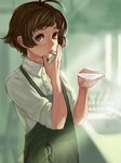  akizuki_ryou androgynous apron brown_eyes brown_hair bukimi_isan finger_in_mouth glasses idolmaster idolmaster_dearly_stars male_focus solo tasting 