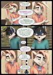 anthro black_hair blinds blue_body blue_fur bottomwear climbing_stairs clothing comic computer denim denim_bottomwear denim_clothing desk dialogue digitigrade electronics english_text female fur furniture hair hi_res hoodie jeans lagomorph leporid male mammal oliver_(striped_sins) pants pink_hair procyonid purple_eyes rabbit raccoon rolled_up_sleeves ryder_(striped_sins) shirt striped_sins t-shirt table text topwear url white_body white_fur willitfit window