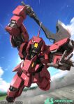  axe copyright_name gundam gundam_arsenal_base gundam_tekketsu_no_orphans holding holding_axe horns logo looking_at_viewer mecha mecha_focus no_humans official_art open_hand robot ryusei-go science_fiction serike_w single_horn 