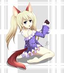  animal_ears ass barefoot blonde_hair blue_eyes bottle dog_ears dress elin_(tera) feet from_behind gloves highres long_hair looking_back magma_chipmunk sitting solo strap_slip tail tera_online tongue twintails 