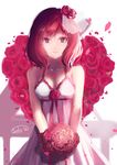  bouquet breasts dress flower hair_flower hair_ornament looking_at_viewer love_live! love_live!_school_idol_project medium_breasts nishikino_maki petals purple_eyes red_flower red_hair red_rose rose short_hair simple_background smile solo tenko 