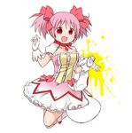  :d abekawa alternate_breast_size bow breasts bubble_skirt cleavage gloves hair_bow kaname_madoka kyubey large_breasts mahou_shoujo_madoka_magica open_mouth pink_hair puffy_sleeves red_eyes short_sleeves simple_background skirt smile twintails white_background white_gloves 