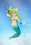  bubble green_hair jewelry mermaid monster_girl muromi-san namiuchigiwa_no_muromi-san necklace red_eyes seashell shell solo twintails two_side_up v water 