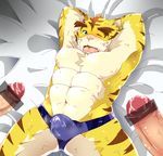  anthro armpits biceps big_muscles body_markings bukkake bulge cum cum_in_pants ejaculate feline fur gay hands_behind_head invalid_tag male mammal markings morenatsu muscles nipples open_mouth pecs penis speedo stripes swimsuit tiger topless torahiko torahiko_ooshima 