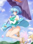  bare_legs blonde_hair blue_eyes blue_hair blue_panties blue_sky breast_rest breasts cherry_blossoms cloud commentary_request day flying full_body geta head_out_of_frame heterochromia hips juliet_sleeves karakasa_obake kirisawa_tokito large_breasts legs legs_up lily_white lips long_hair long_sleeves midriff mountain multiple_girls outstretched_arms panties puffy_sleeves purple_umbrella red_eyes short_hair skirt skirt_lift skirt_set sky spread_arms tatara_kogasa touhou umbrella underwear white_panties wide_sleeves wings 