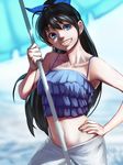  bare_shoulders black_hair blue_eyes bow bukimi_isan camisole collarbone ganaha_hibiki grin hair_bow hand_on_hip idolmaster idolmaster_(classic) long_hair midriff navel pants ponytail smile solo very_long_hair 