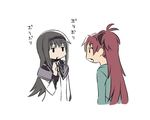  akemi_homura black_hair blank_stare bow casual eating expressionless fang food hair_bow hairband hood hoodie jitome long_hair magical_girl mahou_shoujo_madoka_magica multiple_girls oda_takayuki open_mouth pocky ponytail red_hair sakura_kyouko simple_background white_background 