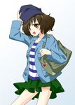  adjusting_clothes adjusting_hat akiyama_yukari alternate_costume bag bangs blue_hat blue_jacket blue_shirt blush brown_eyes brown_hair casual cowboy_shot garrison_cap girls_und_panzer hat hifumi_(vivian) highres jacket looking_at_viewer messy_hair military_hat military_jacket open_clothes open_jacket open_mouth shirt short_hair shoulder_bag simple_background smile solo standing striped striped_shirt white_background 