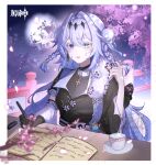  1girl absurdres artist_name asymmetrical_sleeves black_choker black_gloves black_jacket black_nails black_shirt blurry blurry_foreground book border braid bright_pupils cherry_blossoms choker commission copyright_name cup detached_sleeves flower full_moon genshin_impact gloves grey_eyes hair_intakes hair_ornament hand_up heterochromia highres holding holding_own_hair holding_pen jacket logo long_hair looking_at_viewer making-of_available moon night night_sky open_book open_mouth original outside_border pen pink_flower pom_pom_(clothes) pom_pom_hair_ornament purple_eyes purple_hair railing shirt single_detached_sleeve single_glove sky solo table teardrop_facial_mark tree upper_body watermark white_border white_pupils youzha_ligui 