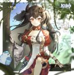  1girl absurdres animal_on_shoulder artist_name asymmetrical_sleeves bird bird_on_shoulder black_hair blue_background blue_sky blurry blurry_background blurry_foreground border breasts cleavage commission copyright_name day dress elbow_gloves feet_out_of_frame fingerless_gloves genshin_impact gloves hair_ornament highres horns in_tree juliet_sleeves knee_up logo long_hair long_sleeves looking_at_viewer medium_breasts mole mole_under_eye on_branch original outside_border pankou puffy_short_sleeves puffy_sleeves red_dress red_eyes short_sleeves sitting sitting_in_tree sitting_on_branch sky smile solo straight-on sunlight thigh_strap tree two-tone_dress two_side_up uneven_sleeves very_long_hair watermark white_border white_dress white_gloves youzha_ligui 