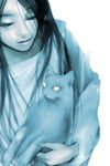  black_hair blue_fur blue_theme cat clothed clothing cool_colors dameyama-notsu feline female feral fur hair hi_res holding human long_hair looking_down mammal monochrome pink_nose plain_background the_ring white_background white_eyes yamamura_sadako 