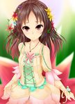  bad_id bad_pixiv_id bare_shoulders braid brown_eyes brown_hair flower frown hair_flower hair_ornament idolmaster idolmaster_cinderella_girls jewelry looking_at_viewer minigirl mokufuu necklace pendant plant ribbon ribbon-trimmed_clothes ribbon_trim solo tachibana_arisu tareme thumbelina 