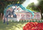  aqua_eyes aqua_hair artist_name bad_id bad_pixiv_id dated detached_sleeves etin floating_hair flower hatsune_miku long_hair mary_janes necktie outstretched_arm rose shoes skirt solo swing swinging thighhighs tree twintails very_long_hair vocaloid 