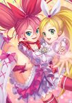  blonde_hair blue_eyes boots bow brooch carrying choker couple cure_melody cure_rhythm frills green_eyes heart highres houjou_hibiki jewelry knee_boots long_hair looking_at_viewer magical_girl majicjiang midriff minamino_kanade multiple_girls pink_bow pink_choker pink_hair precure princess_carry revision ribbon smile suite_precure thighhighs treble_clef twintails yuri 