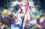  bare_shoulders blue_eyes dress flower glitter hairband highres hydrangea long_hair megurine_luka pink_hair rain sazanami_shione smile solo umbrella vocaloid water_drop 