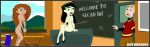  black_hair blonde_hair breasts brown_pants chalkboard classroom clothed_male_nude_female desk freckles green_eyes hair_ornament highres kim_possible kim_possible_(series) medium_breasts nipples non-web_source nude pants red_hair red_shirt ron_stoppable school_desk shego shirt 