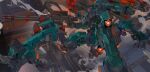  absurdres armored_core armored_core_6 commentary english_commentary gatling_gun glowing glowing_eyes gun highres holding holding_gun holding_weapon liger_tail_(armored_core) looking_at_viewer mecha mecha_focus no_humans nslacka red_eyes robot science_fiction tetrapod weapon 
