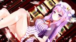  book bookshelf breasts chair coat crescent dress feathers hat henet_hene large_breasts long_hair looking_at_viewer open_clothes open_coat patchouli_knowledge purple_dress purple_eyes purple_hair reading sitting solo striped striped_dress touhou very_long_hair 