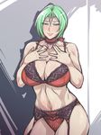  1girl black_beat bra breasts choker curvy female garter_belt green_eyes green_hair gundam gundam_battle_operation highres huge_breasts lingerie ms.operator_(gundam_battle_operation) navel panties short_hair solo standing underwear 