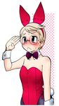  animal_ears blonde_hair blue_eyes blush bow bowtie bunny_ears bunny_tail bunnysuit detached_collar glasses hayami_rasenjin martina_m_mayakovskaya pantyhose salute short_hair solo taihou_to_stamp tail wrist_cuffs 