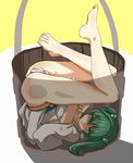  ass barefoot blush bucket feet fundoshi green_eyes green_hair hair_bobbles hair_ornament japanese_clothes kisume see-through solo touhou twintails upside-down wooden_bucket yaruku 