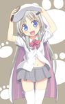  blue_eyes blush_stickers bow little_busters! long_hair navel noumi_kudryavka open_clothes open_shirt pink_bow pizanuko plaid plaid_skirt school_uniform shirt silver_hair skirt thighhighs 