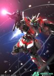  beam_rifle cable energy_gun firing green_eyes gun gundam gundam_arsenal_base gundam_narrative holding holding_gun holding_weapon mecha mecha_focus narrative_gundam no_humans official_art robot science_fiction serike_w space v-fin weapon 